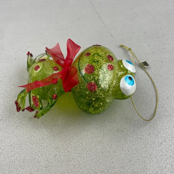 Glass Polka Dot Frog Ornament NIB Holiday Christmas Green/Red Glitter Amphibian - Picture 2 of 5